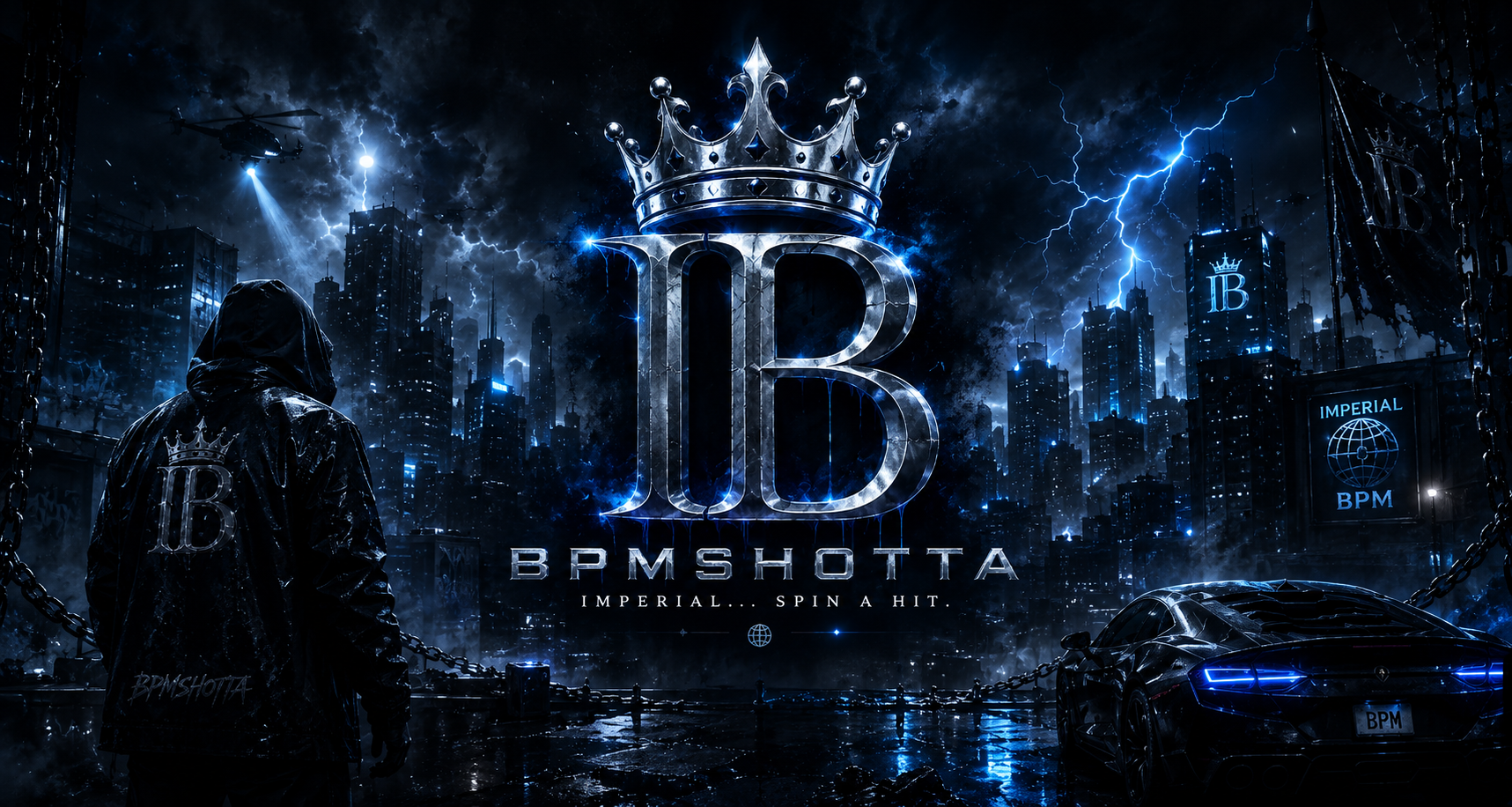 Dark cityscape with neon lights and a prominent 'IB' logo, featuring the text 'BPMSHOTTA'.